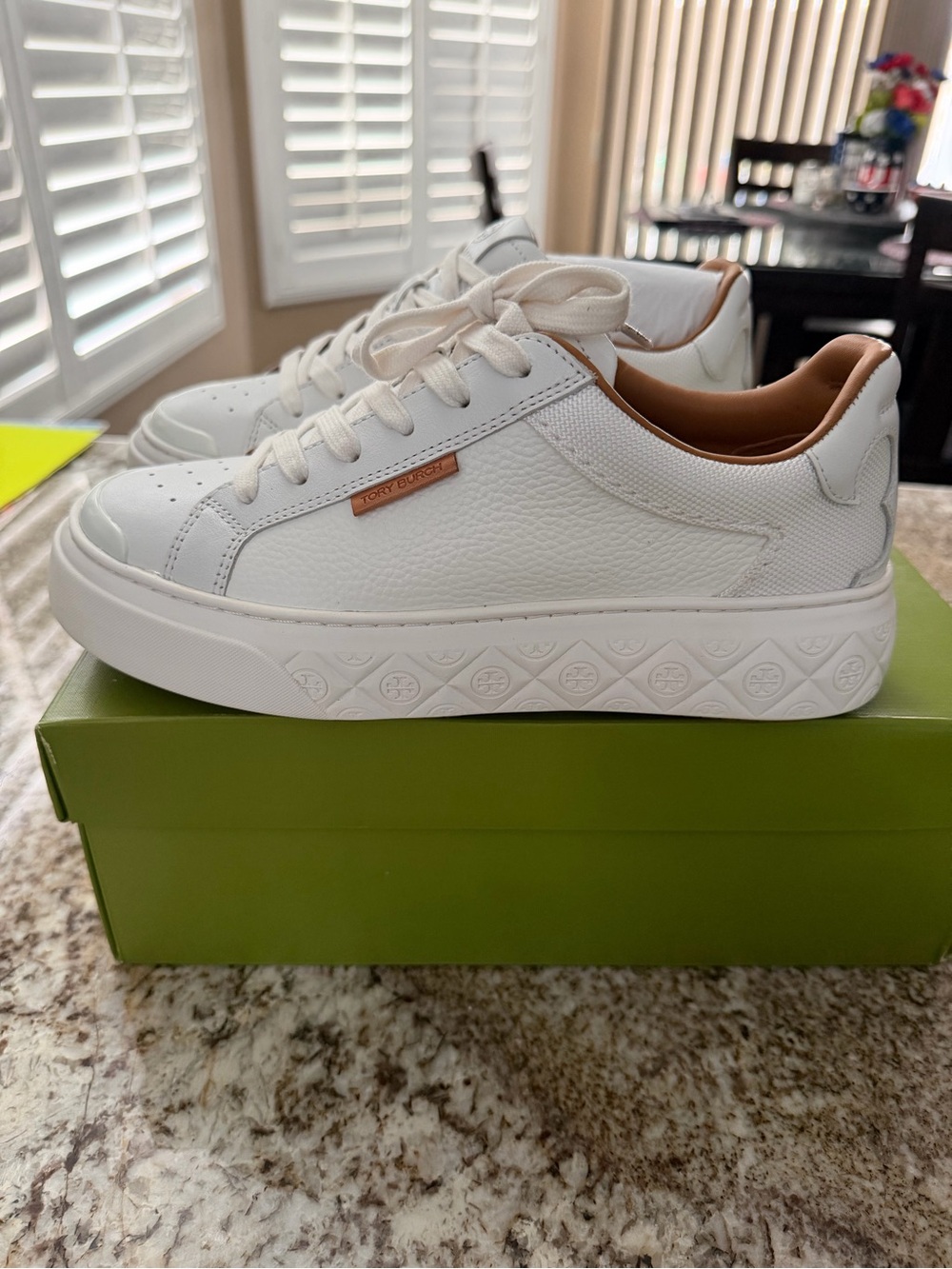 Tory Burch White Leather Platform Ladybug Sneakers with Tan Accents - Picture 2 of 6